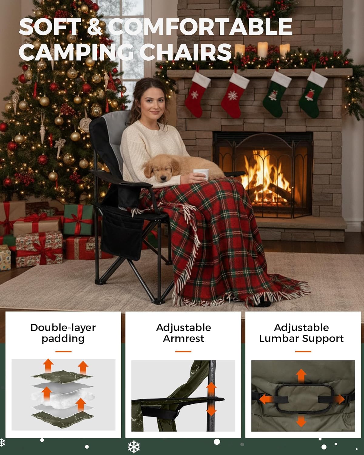 KingCamp Oversized Camping Folding Chair, Heavy Duty 450 LBS with Lumbar Support, Padded seat with Cup Holder&Cooler Bag, Ideal for Camp, Fishing, Sports Event, Backyard, Patio, Lawn (Lava Green)