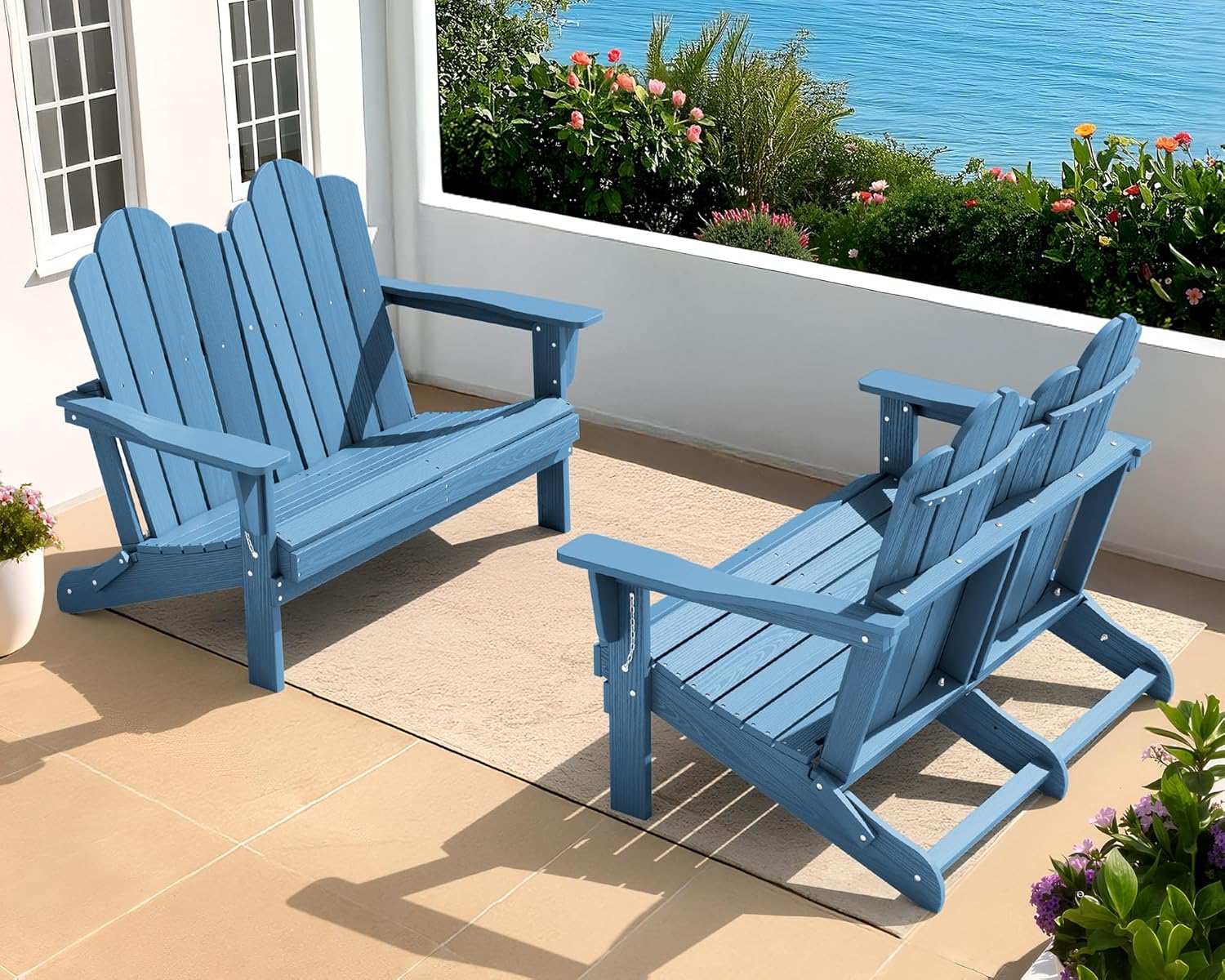 SERWALL Folding Adirondack Bench, HDPE All-Weather Adirondack Loveseat, 660 lbs Capacity, Foldable Outdoor Patio Bench for Deck, Lawn, Garden, Brown