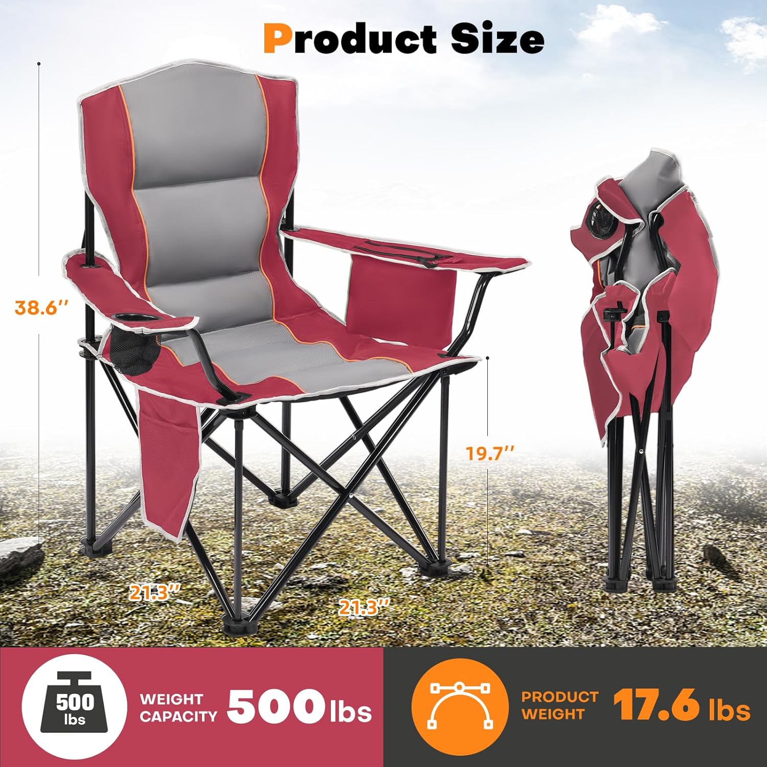XMT Premium Padded Folding Chair, Extra Wide & Heavy Duty 450lbs Capacity, Portable Camping Chair with Insulated Cooler, Cup Holder & Storage, Compact Foldable for Outdoor, Beach, Picnics