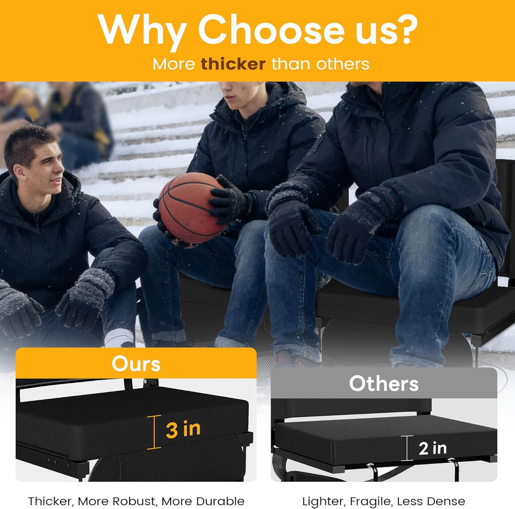 Heated Stadium Seats with Backrest and Cushion, Portable and Lightweight, Ideal for Camping, Beach, Sporting Events, Folds to Compact Size, Extra Wide, USB Battery Not Included