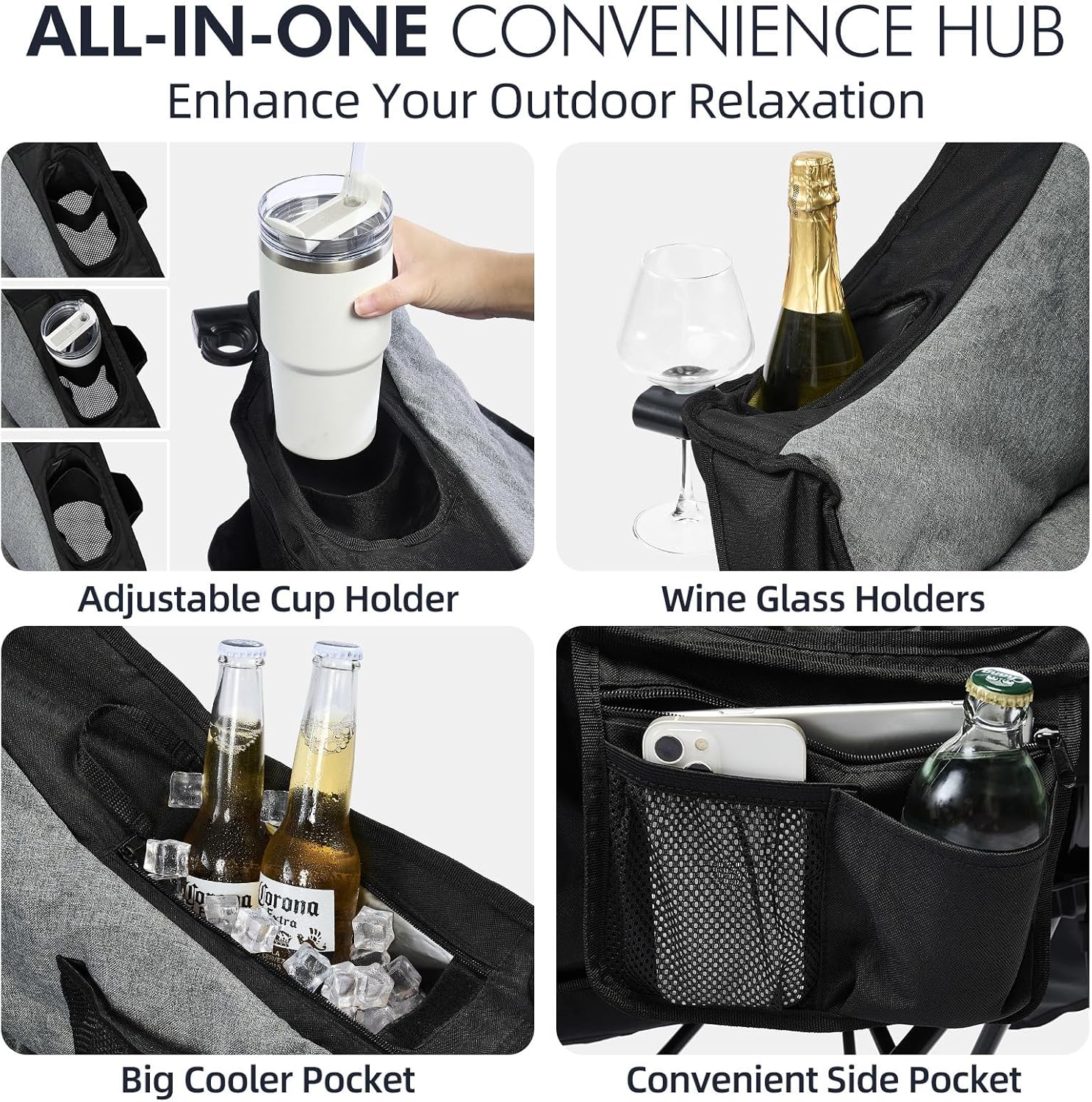 Oversized Camping Chairs for Adults - Heavy Duty Padded Outdoor Folding Lawn XL Camp Chair with Cup Holder Cooler Pockets for Outside Sports Beach Fishing Garden Portable Supports 500lbs, Black