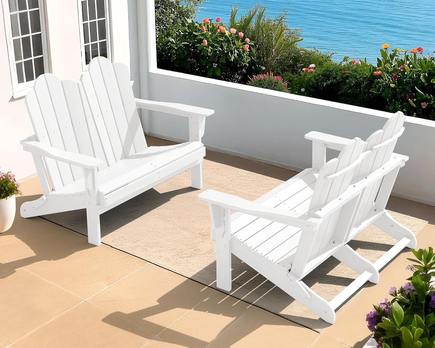 SERWALL Folding Adirondack Bench, HDPE All-Weather Adirondack Loveseat, 660 lbs Capacity, Foldable Outdoor Patio Bench for Deck, Lawn, Garden, Brown