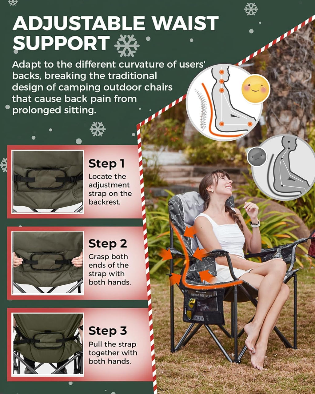 KingCamp Oversized Camping Folding Chair, Heavy Duty 450 LBS with Lumbar Support, Padded seat with Cup Holder&Cooler Bag, Ideal for Camp, Fishing, Sports Event, Backyard, Patio, Lawn (Lava Green)