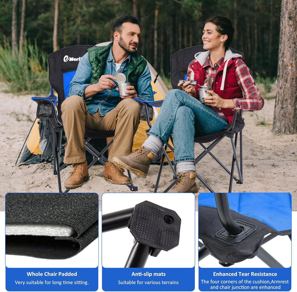 EMERIT Oversized Padded Camping Chair, 350LB Heavy Duty Quad Fold Chair with Arms, Collapsible Outdoor Chairs with Lumbar Back & Cup Holder
