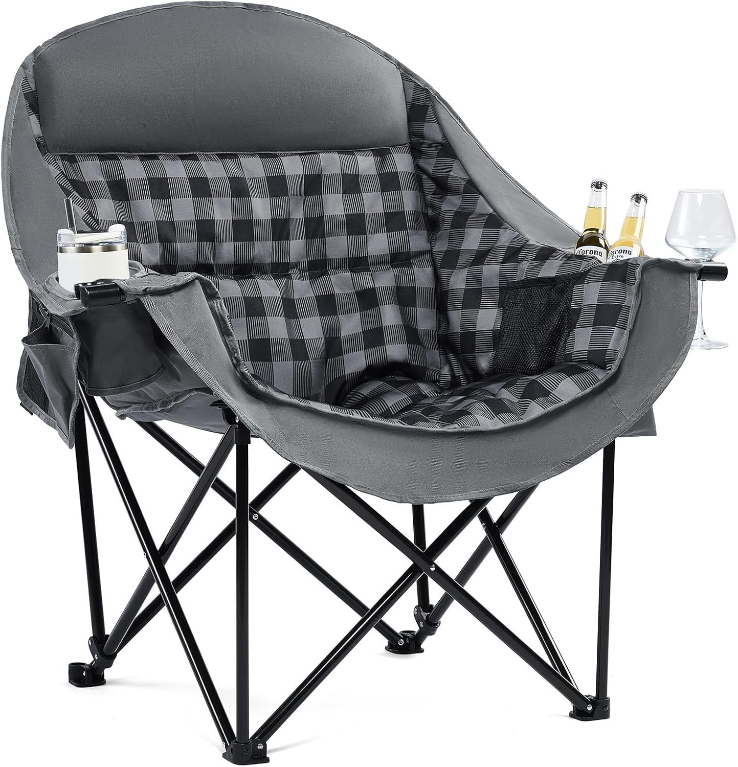 Oversized Camping Chairs for Adults - Heavy Duty Padded Outdoor Folding Lawn XL Camp Chair with Cup Holder Cooler Pockets for Outside Sports Beach Fishing Garden Portable Supports 500lbs, Black