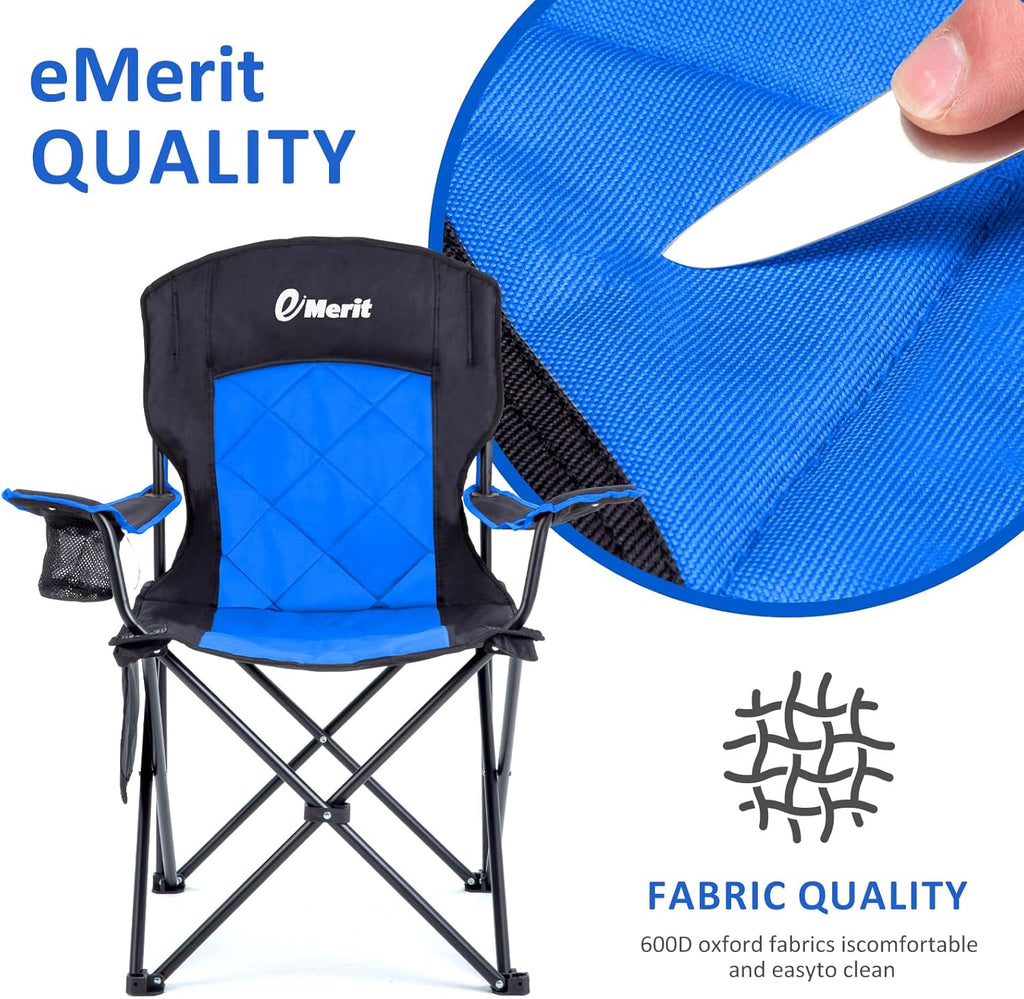 EMERIT Oversized Padded Camping Chair, 350LB Heavy Duty Quad Fold Chair with Arms, Collapsible Outdoor Chairs with Lumbar Back & Cup Holder
