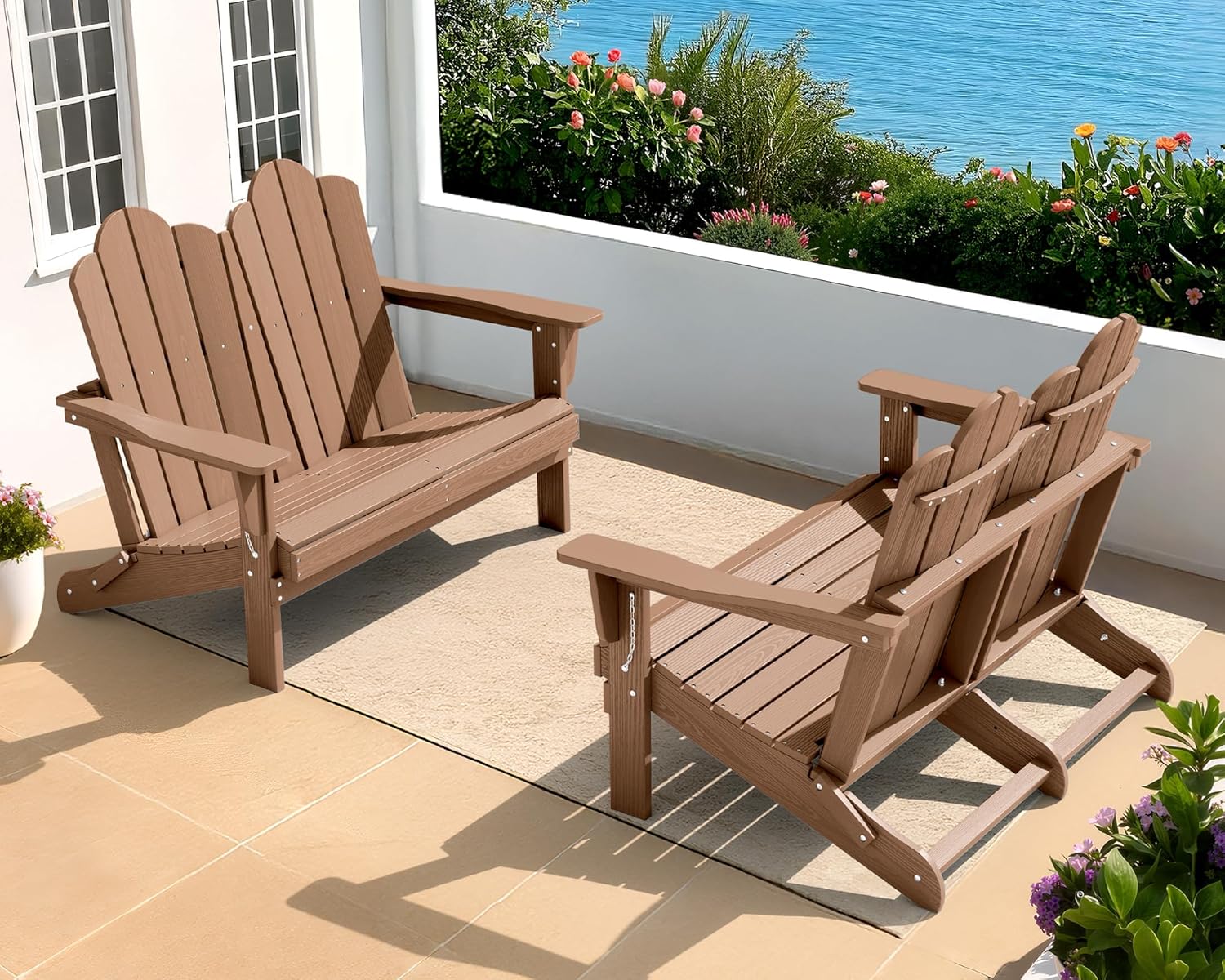 SERWALL Folding Adirondack Bench, HDPE All-Weather Adirondack Loveseat, 660 lbs Capacity, Foldable Outdoor Patio Bench for Deck, Lawn, Garden, Brown