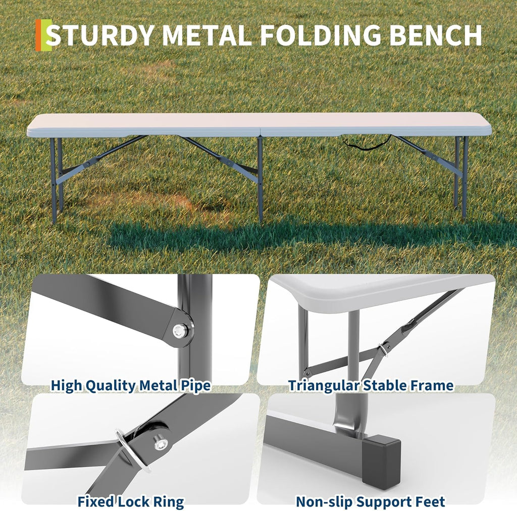 6Ft Plastic Folding Bench, 2 Pack Portable Folding Bench, Foldable HDPE Waterproof Outdoor Benches with Carrying Handle Picnic Camping Sports Party Activities, White (White-1pc)