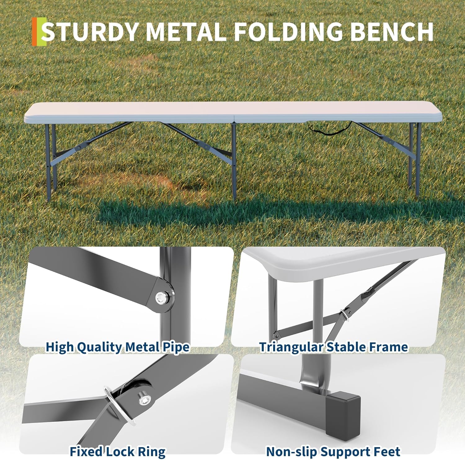 6Ft Plastic Folding Bench, 2 Pack Portable Folding Bench, Foldable HDPE Waterproof Outdoor Benches with Carrying Handle Picnic Camping Sports Party Activities, White (White-1pc)
