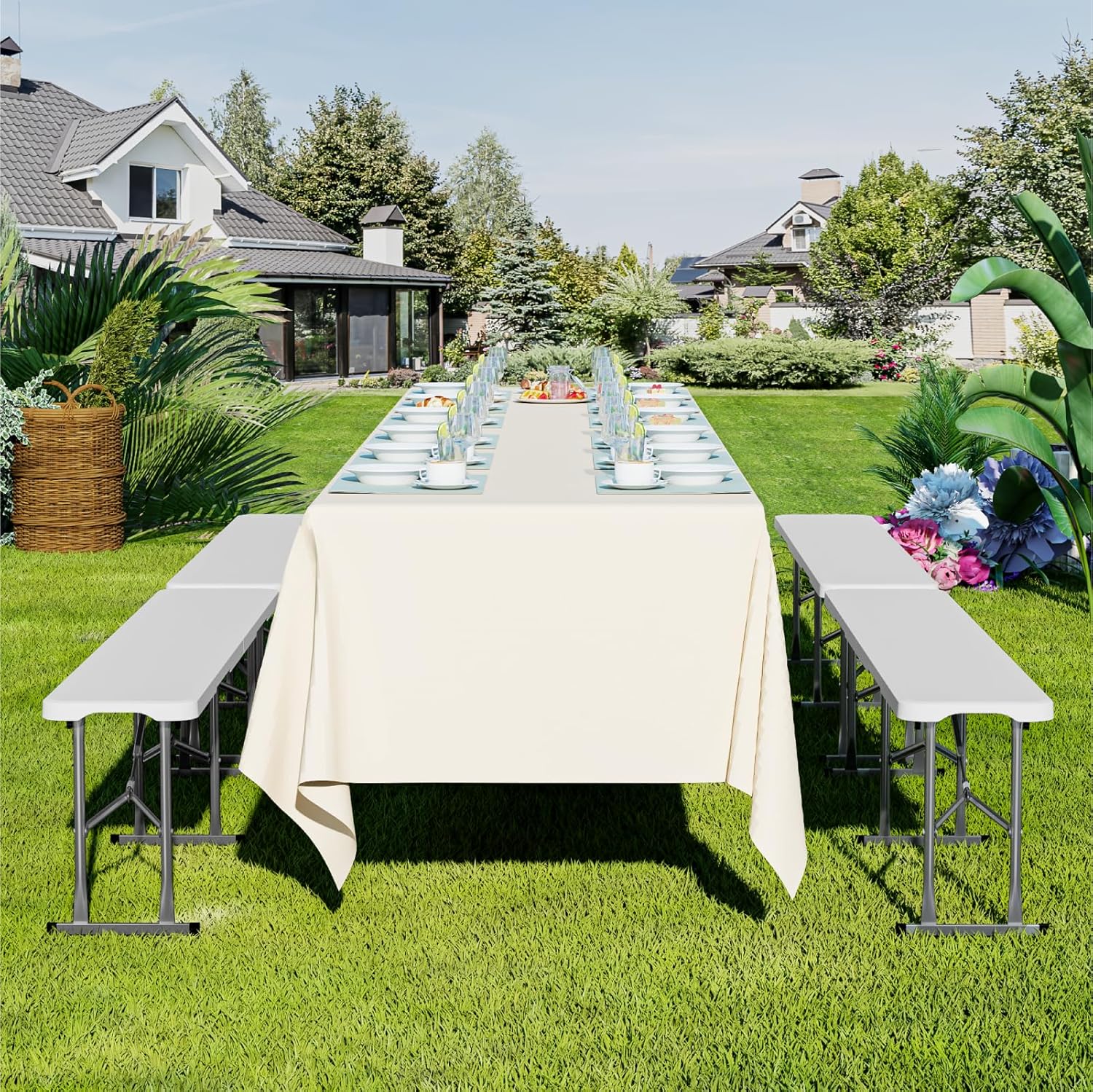 6ft Folding Bench 2 Pack, Plastic Folding Bench for Picnic Camping Dining Party Garden, 6 feet Foldable Benches for Soccer Multipurpose Entertaining Activities, Smooth HDPE Tabletop, White