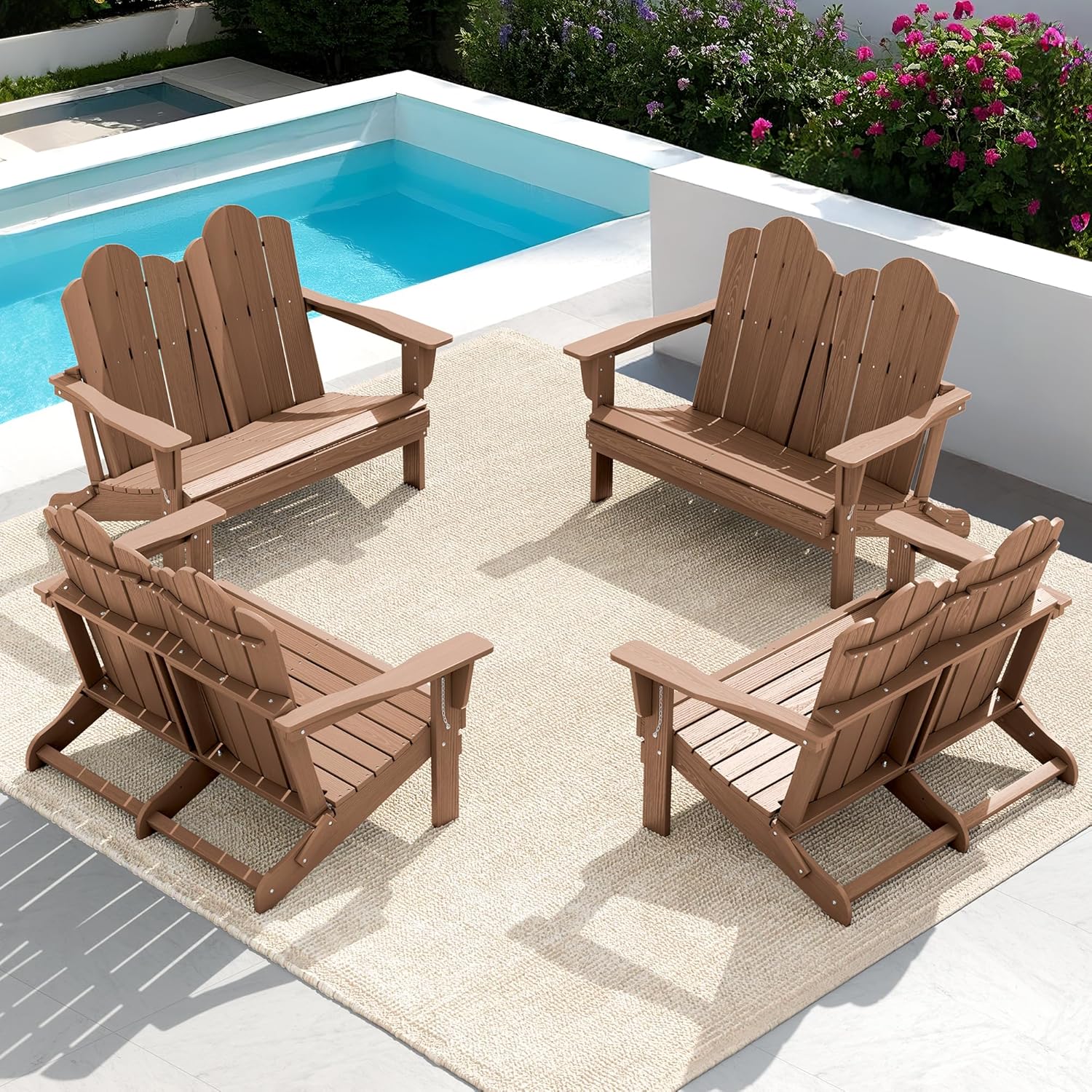 SERWALL Folding Adirondack Bench, HDPE All-Weather Adirondack Loveseat, 660 lbs Capacity, Foldable Outdoor Patio Bench for Deck, Lawn, Garden, Brown