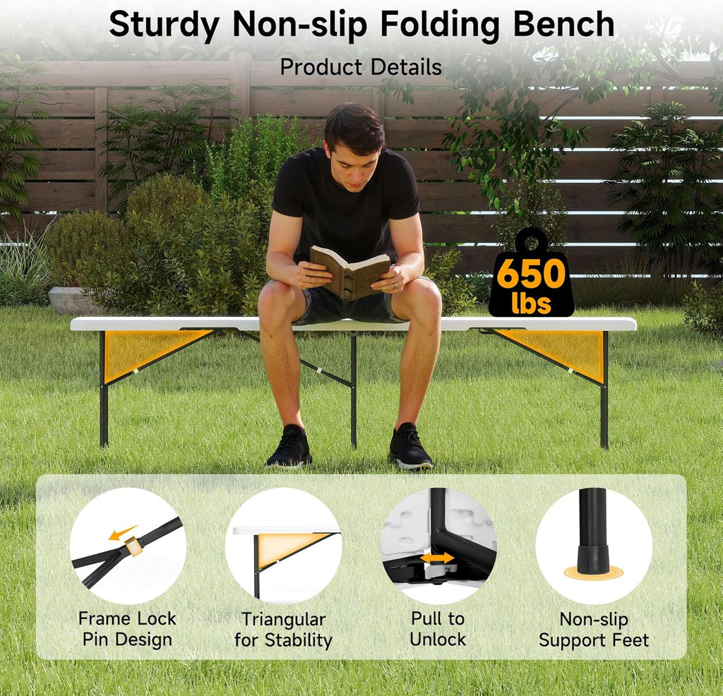 2 Pack 6FT Folding Bench, Portable Bench with Handle and Non-Slip Pad, HDPE Camping Bench for Indoor Outdoor, Picnic, Garden, Football Activities, White