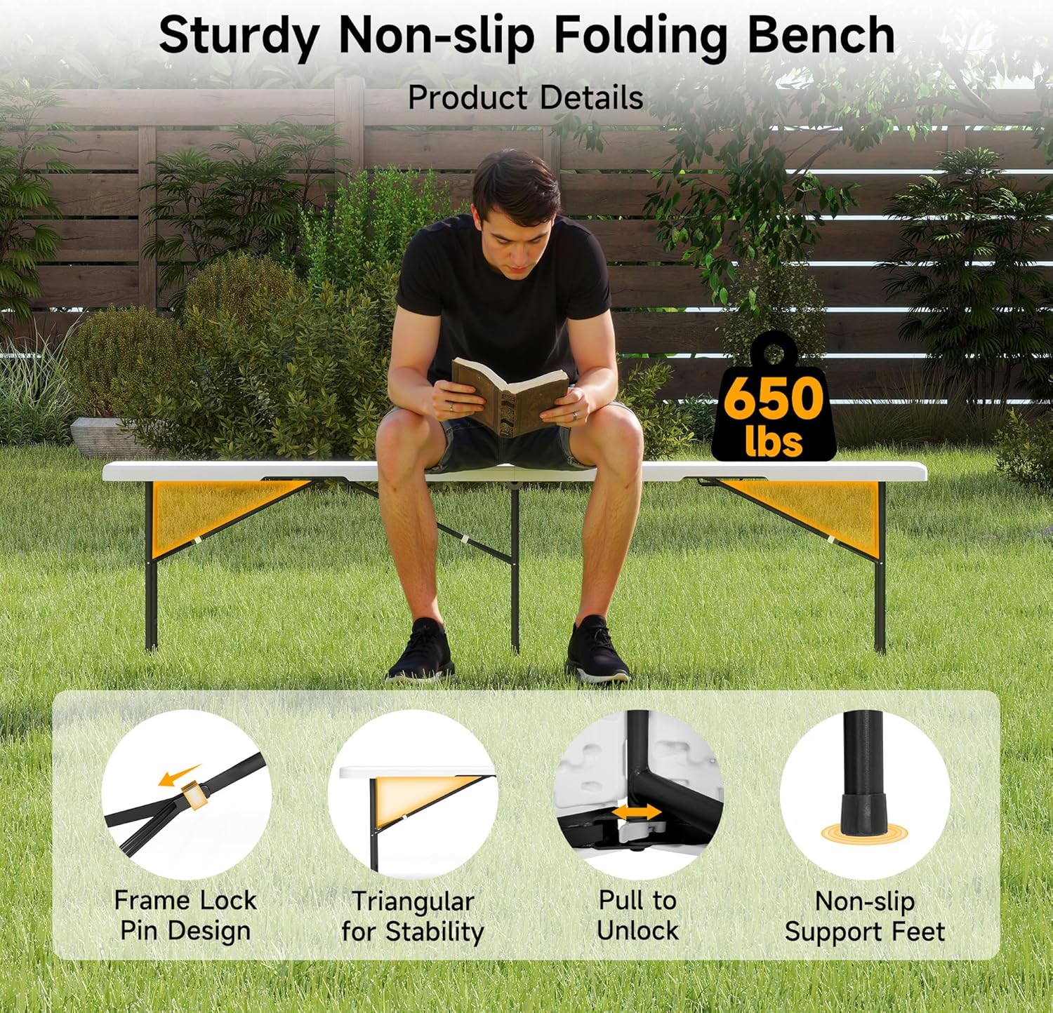 2 Pack 6FT Folding Bench, Portable Bench with Handle and Non-Slip Pad, HDPE Camping Bench for Indoor Outdoor, Picnic, Garden, Football Activities, White