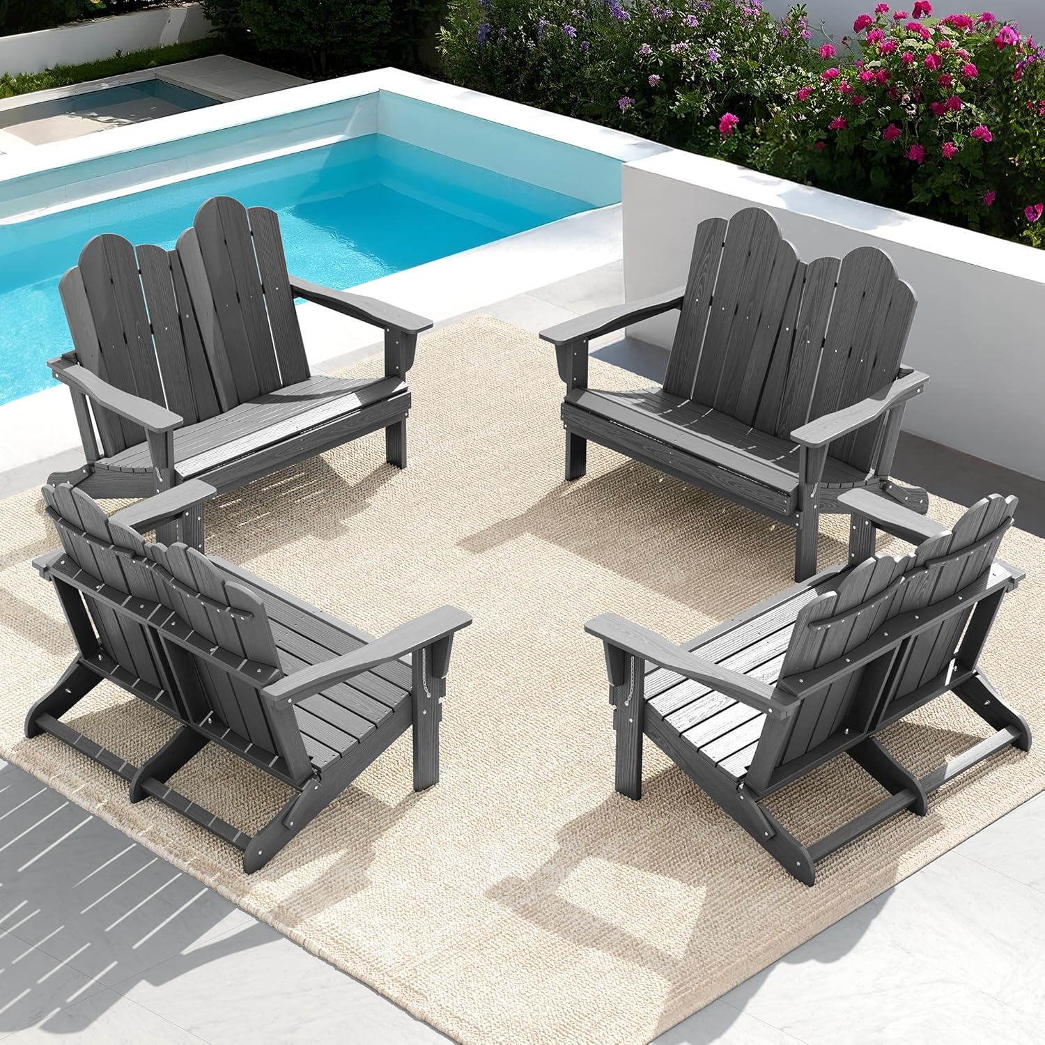 SERWALL Folding Adirondack Bench, HDPE All-Weather Adirondack Loveseat, 660 lbs Capacity, Foldable Outdoor Patio Bench for Deck, Lawn, Garden, Brown